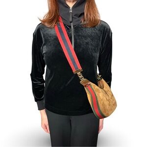 Gucci Tan Suede Crossbody with Red and Blue Adjustable Strap SMALL